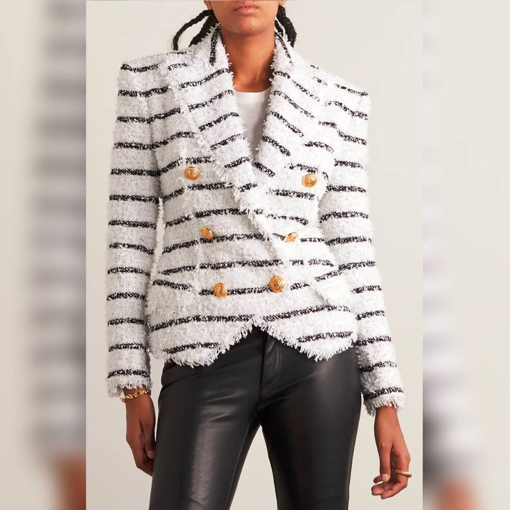Balmain Black White Silver Bouclé Striped Tweed Blazer